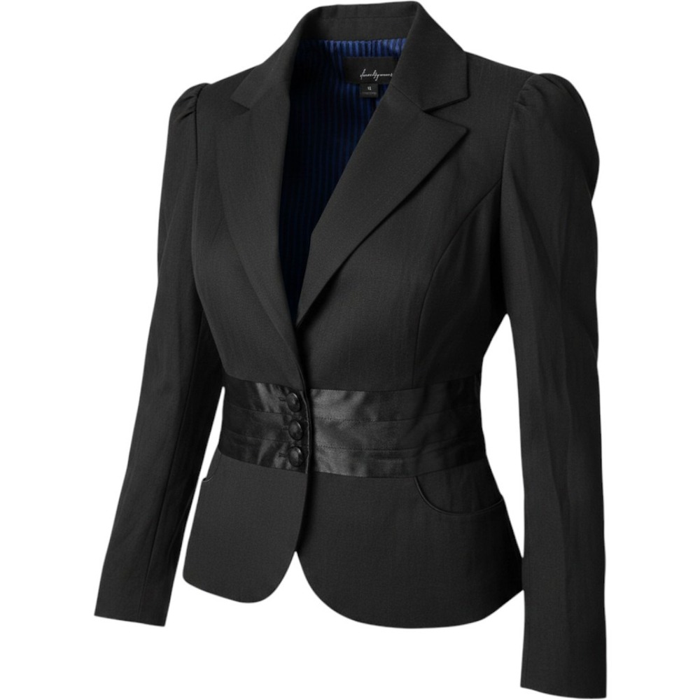 (B2) Twenty One Black Tuxedo Satin Waist Puff Sleeve Blazer Jacket Size M